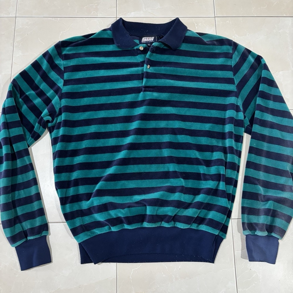 Vintage Y2K Rugby Polo Shirt Green Blue Striped Velvet Men's M Skate Grunge Punk